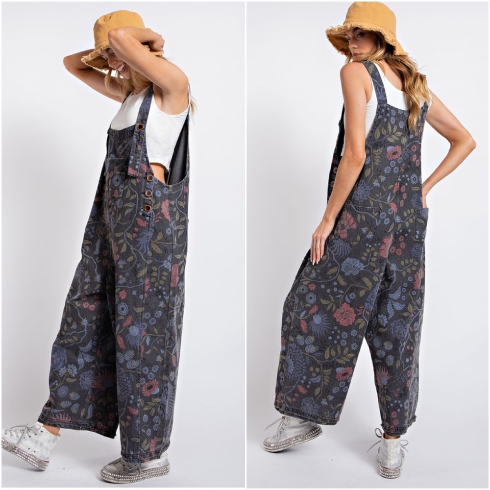 Easel Vintage Wash Floral Print Denim Oversized Overalls Jumpsuit - Picture 6 of 6